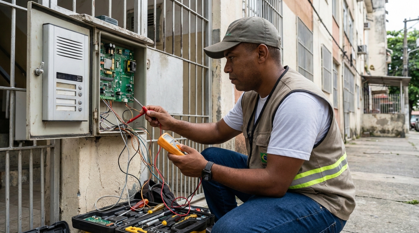 Eletricista consertando interfone em Itajaí‑SC