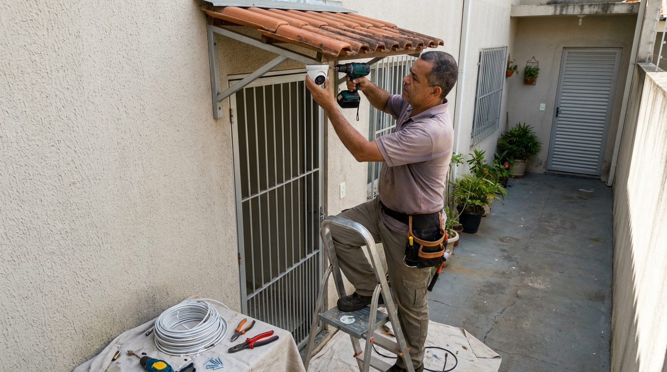 Eletricista instalando cameras de seguranca em Itajaí‑SC