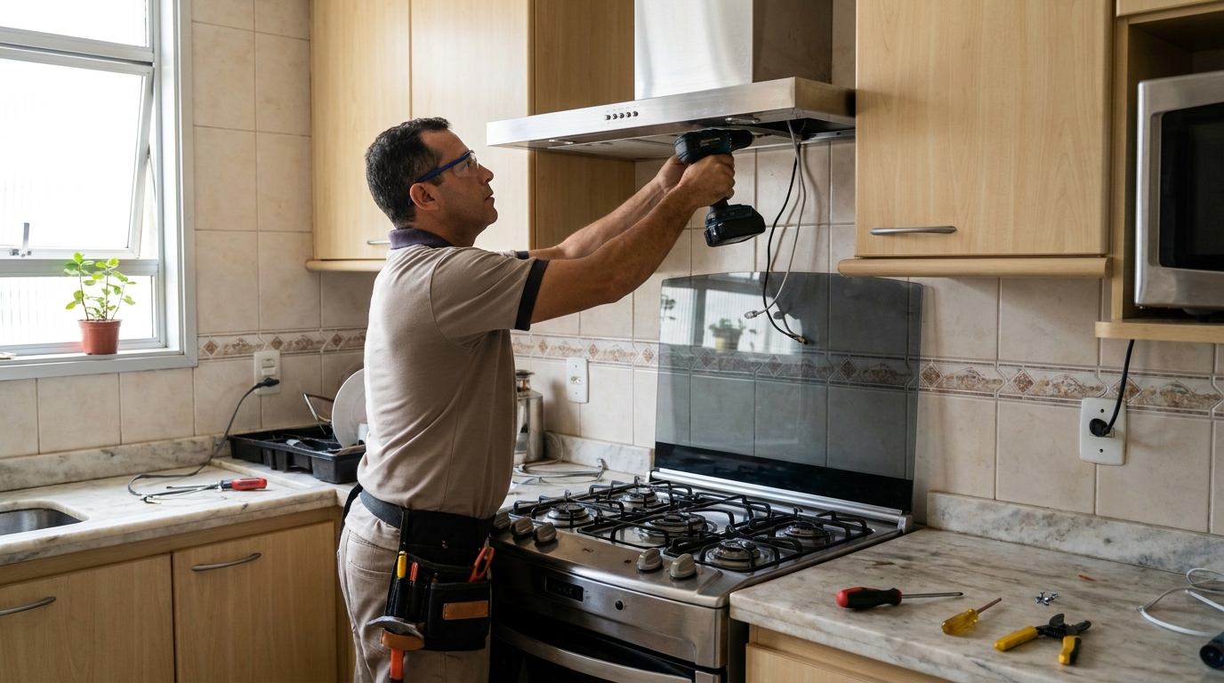 Eletricista instalando coifa em Itajaí‑SC