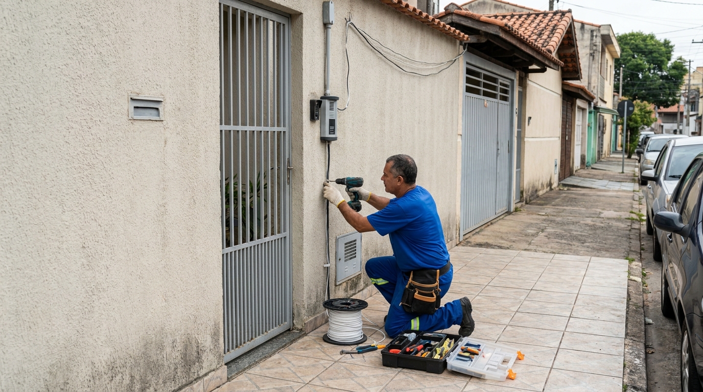 Eletricista instalando interfone em Itajaí‑SC