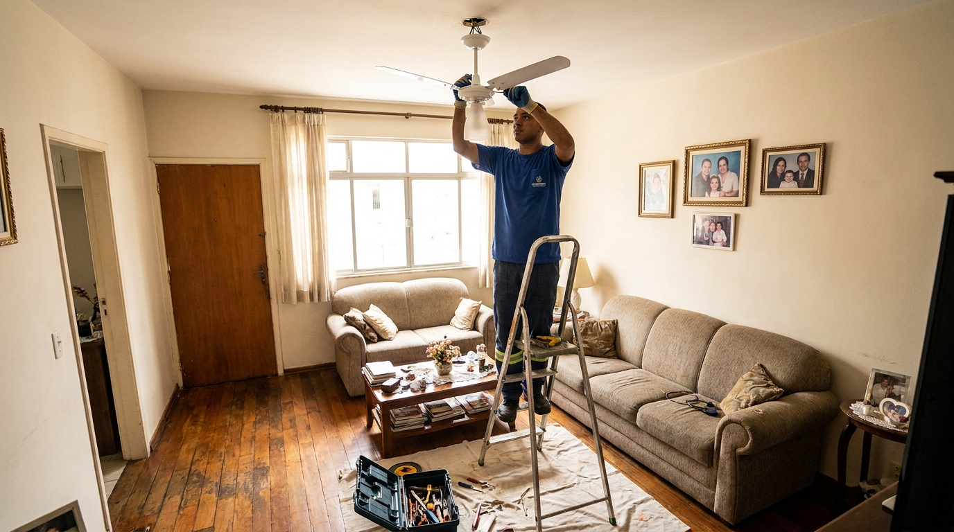 Eletricista instalando ventilador de teto em Itajaí‑SC